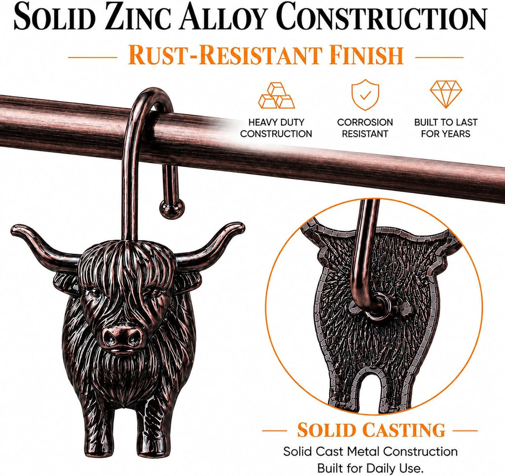 Highland Cow Shower Curtain Hooks, Rust-Resistant Zinc Alloy Metal Hooks, Farmhouse Bathroom Decor, 12 Pack (Antique Copper)