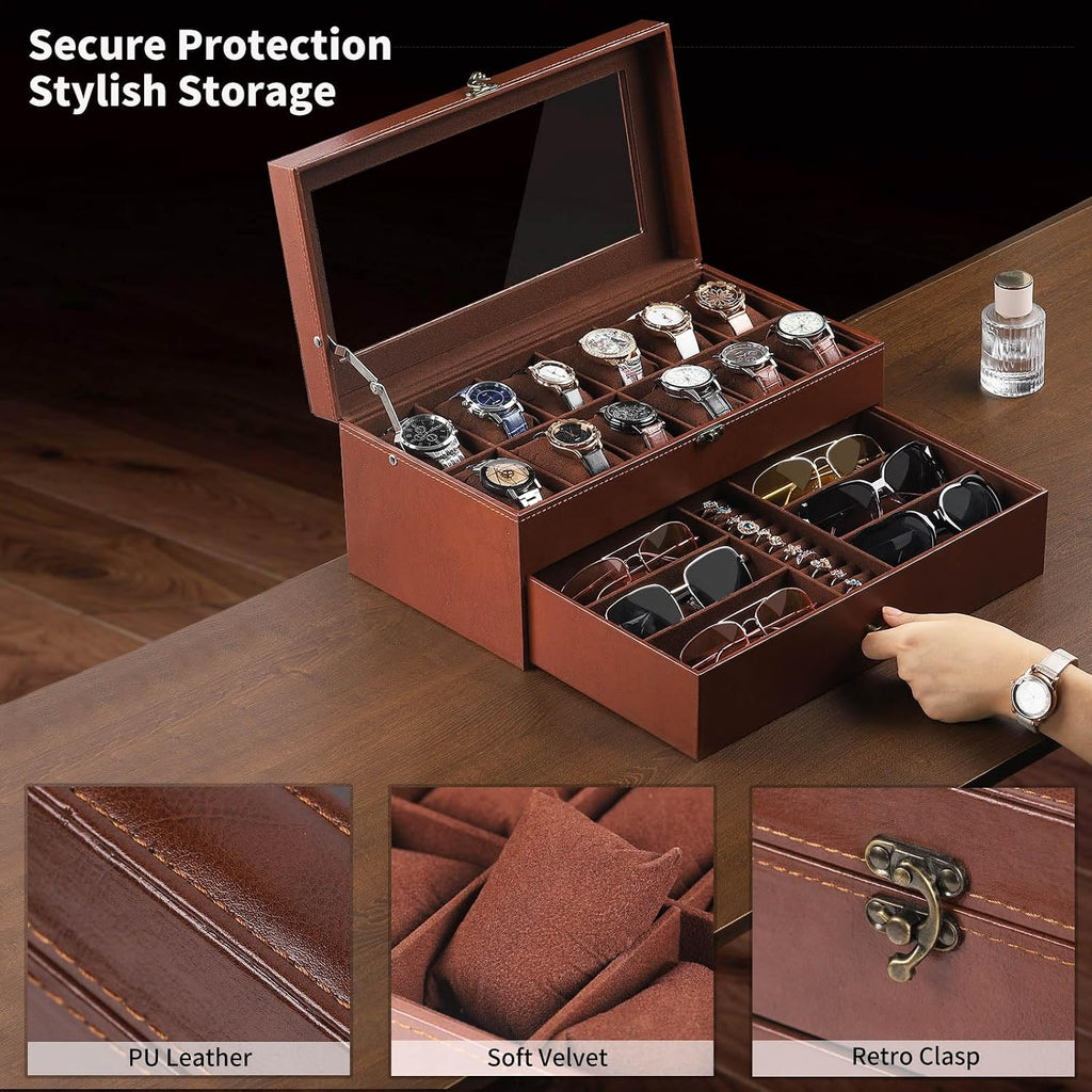 AUTOARK Leather & Velvet Watch Box & Sunglass Organizer,Coffee,MKAW041