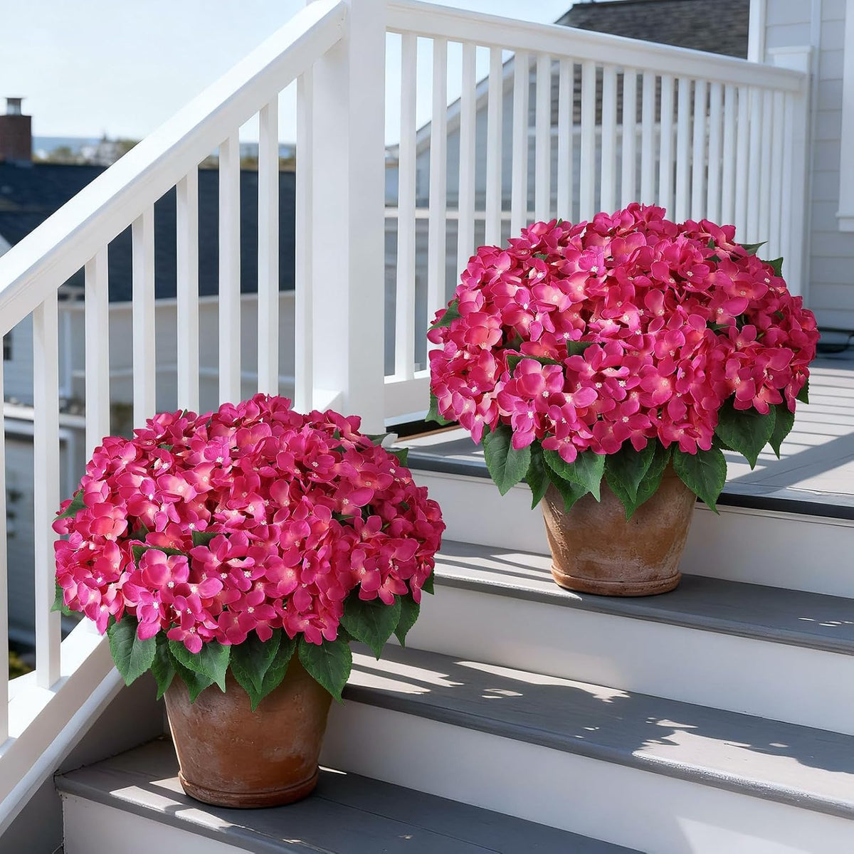 2 Sets Artificial Hydrangea Flower Topiary Ball Trees for Porch (Rose Red)