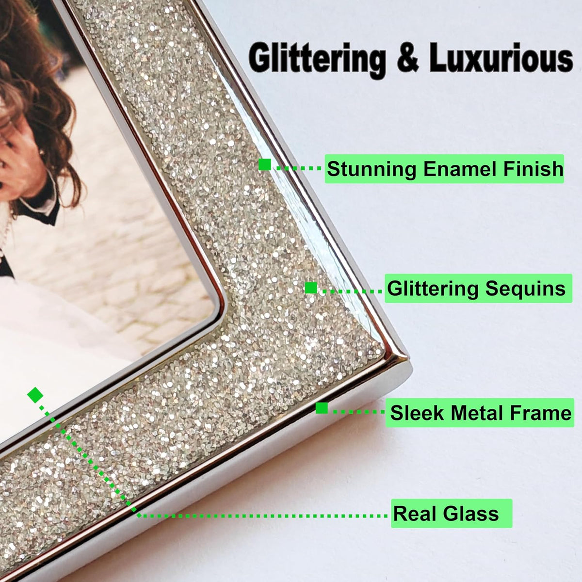 Enamel Picture Frames 8x10, 8 by 10 Silver Glittering Photo Frame with Real Glass & Velvet Back, Sparkling Metal frame for Tabletop or Wall, Amazing Weddings Graduation Gift & Wall Art Decor