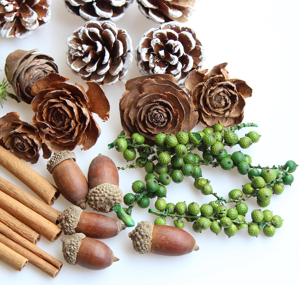 DIY Natural Dried Flower Kit - Bulk Dried Plants, Pine Cones, Scented Lemon Slices, Cinnamon Sticks Wood Roses & Mini Pinecones for Home Décor, Christmas Decoration (Green)