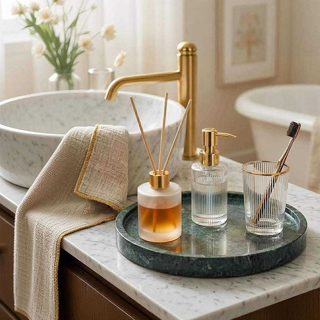 Natural Marble Decorative Tray for Bathroom Bedroom Kitchen, Large 10.6" Round Vanity Trays for Jewelry, Perfume, Cosmetic, Candle, Countertop Storage Organizer for Home Decor Green (WH110)