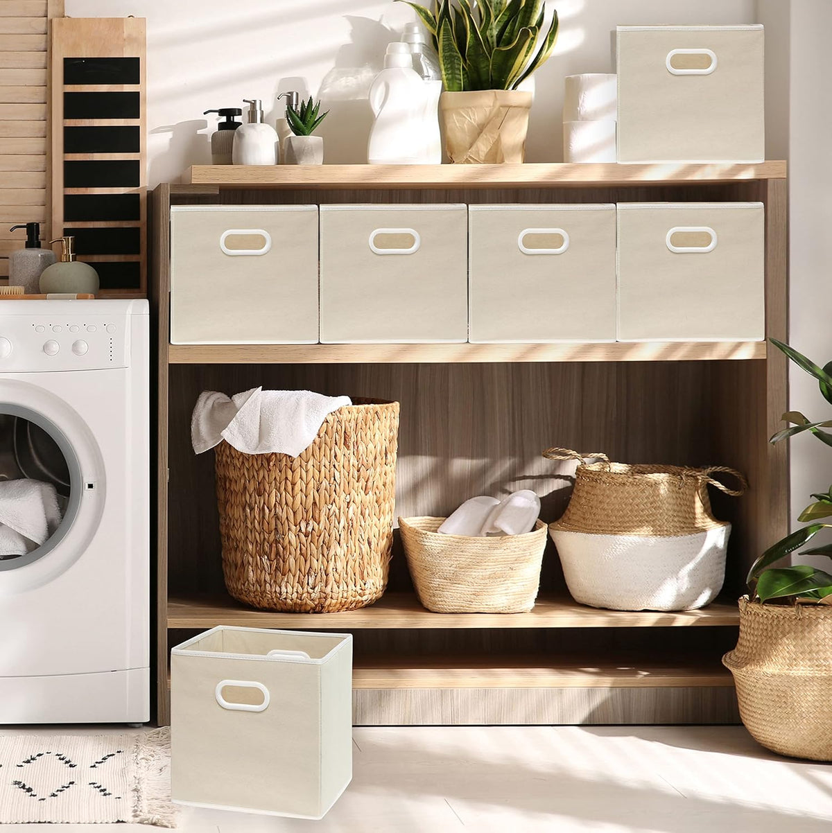 Simple Houseware 11-Inch Foldable Cube Storage Bins with Handles, Beige