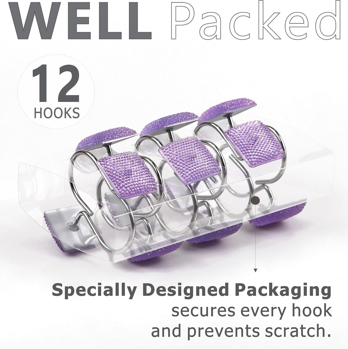 Purple Bling Shower Curtain Hooks: Lavender Christmas Curtain Rings,12Pcs