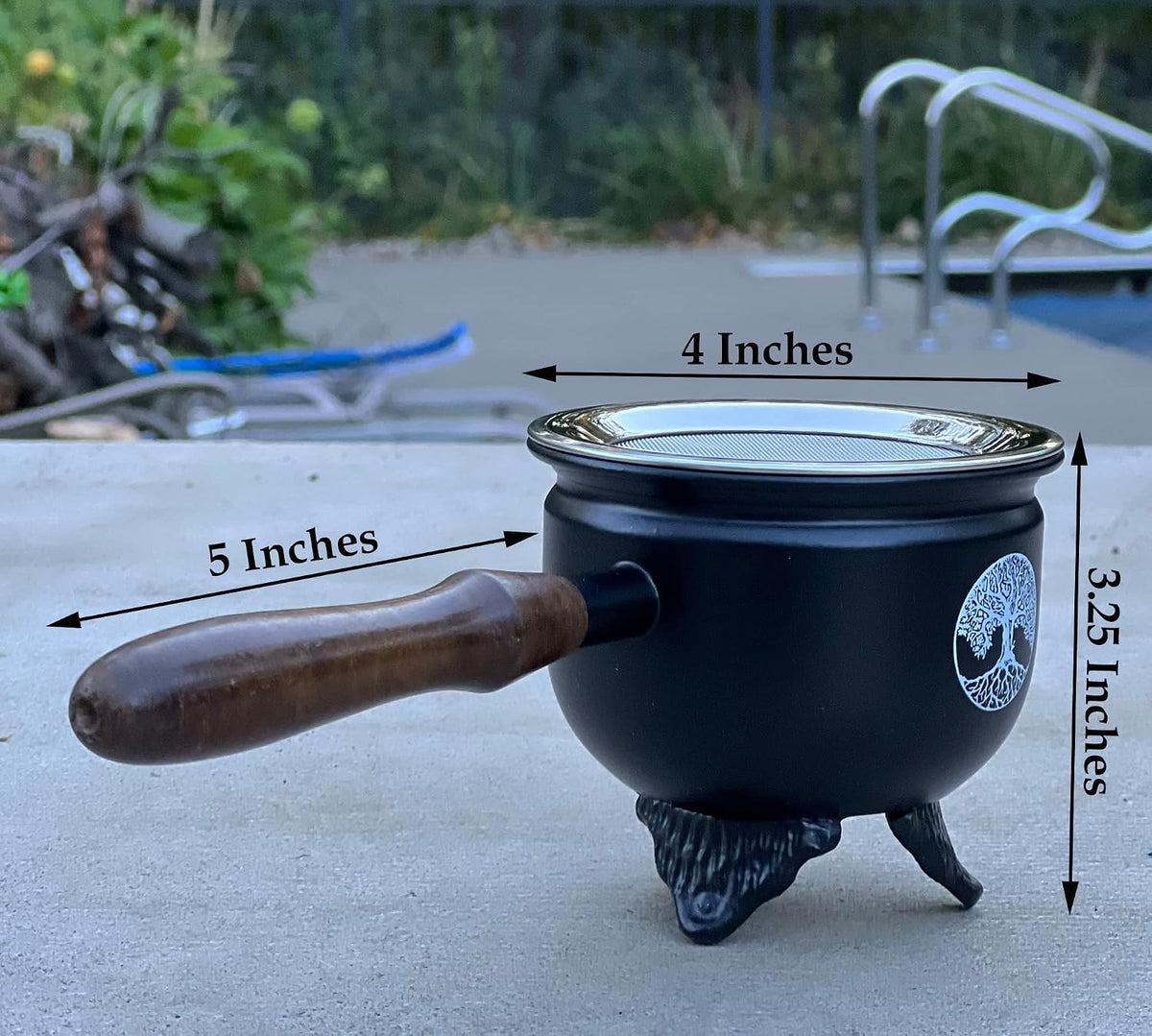 Large Metal Charcoal Incense Burner with Wooden Handle (Tree of Life)