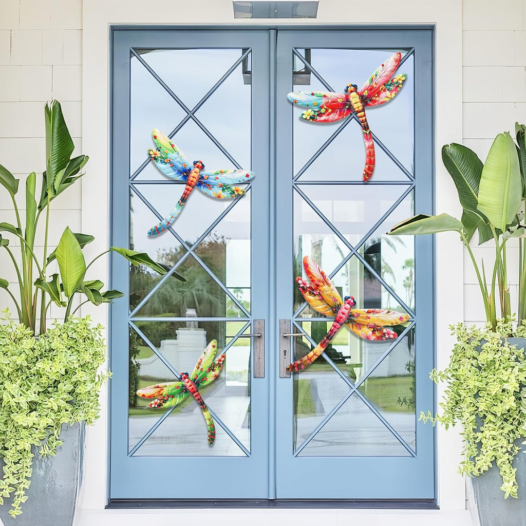 Junware Metal Dragonfly Wall Decor, 4Pcs Dragonfly Wall Art Sculptures Hanging Sculpture Decoration.Outdoor Fence Art for Home Garden, Fence, Patio, Yard, Bedroom Outside Gifts for Adults