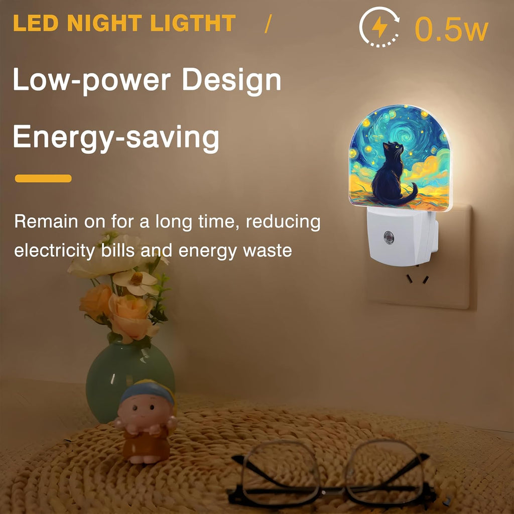 Night Lights Plug into Wall Black Cat Watching Starry Night Night Light Dusk to Dawn Smart Sensor Decorative Round Led Lamp for Bedroom Kitchen Hallway Nightlight for Women Men