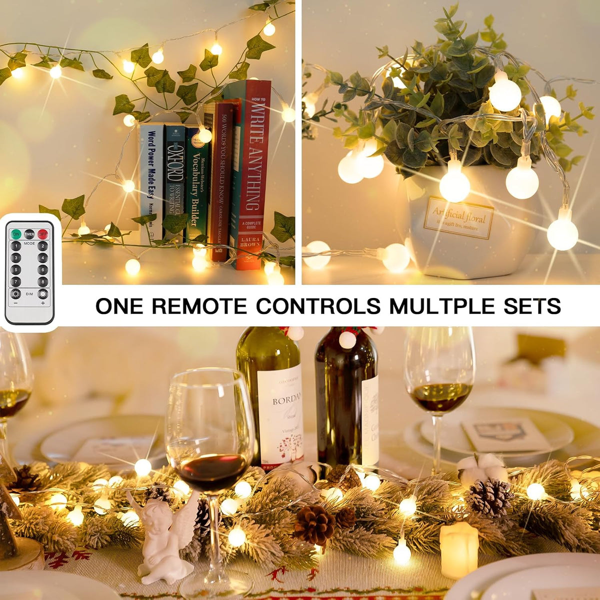 suddus 50 LED Globe String Lights Battery Operated with Remote Warm White