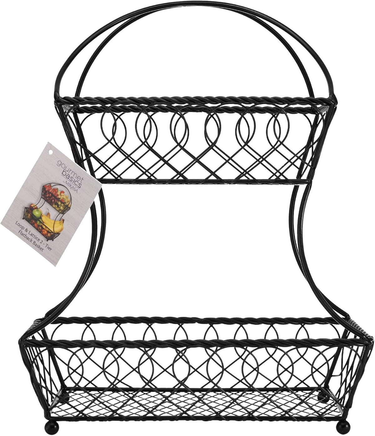Gourmet Basics by Mikasa Loop and Lattice 2-Tier Flatback Metal Fruit Basket, Antique Black