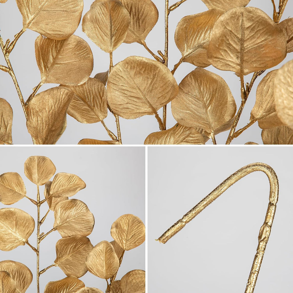 Hollyone 32” Christmas Tree Picks and Sprays 3Pcs Gold Artificial Eucalyptus Stems Eucalyptus Leaves Branches Fake Gold Leaf Floral for Vase DIY Xmas Tree Garland Wreath Centerpieces Wedding Decor
