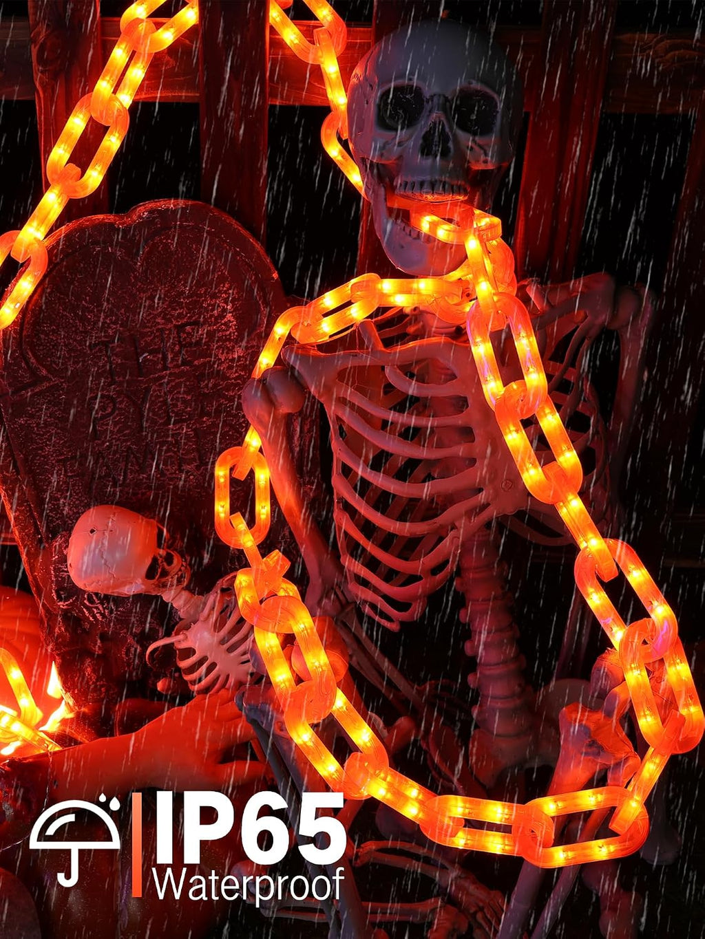 Solar Halloween Chain Lights - 10 FT 160 LED Orange Light-Up 8 Modes Memory