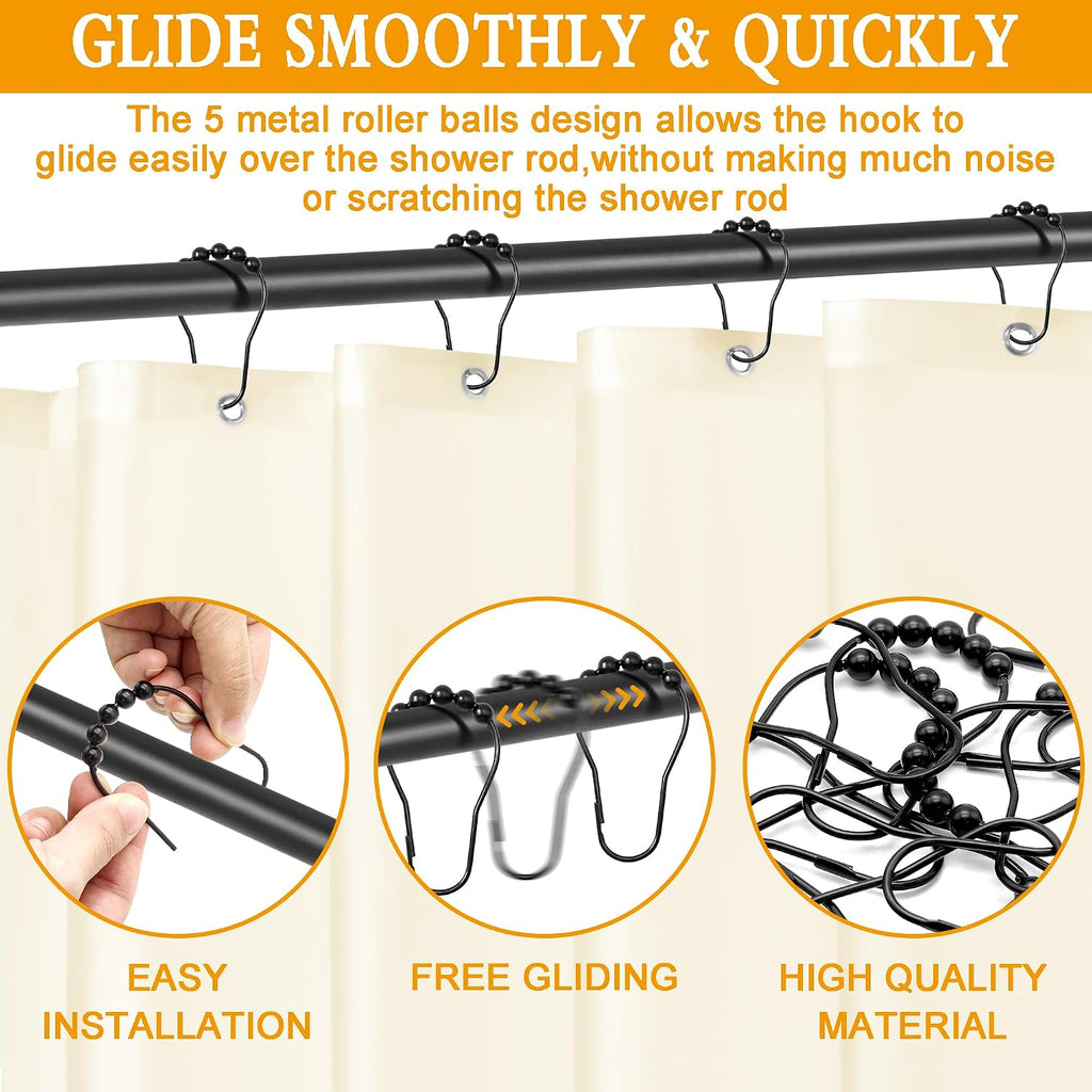 Shower Curtain Hooks Rings,12 Pcs Decorative Rustproof Metal Shower Hooks for Shower Curtain,Free Sliding Shower Hooks for Bathroom Shower Rods,Easy Snap Shower Rings for Curtain (Black)