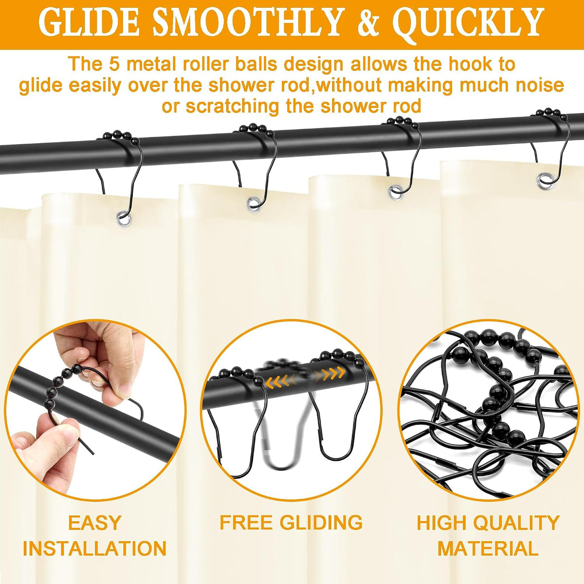 Shower Curtain Hooks Rings,12 Pcs Decorative Rustproof Metal Shower Hooks for Shower Curtain,Free Sliding Shower Hooks for Bathroom Shower Rods,Easy Snap Shower Rings for Curtain (Black)