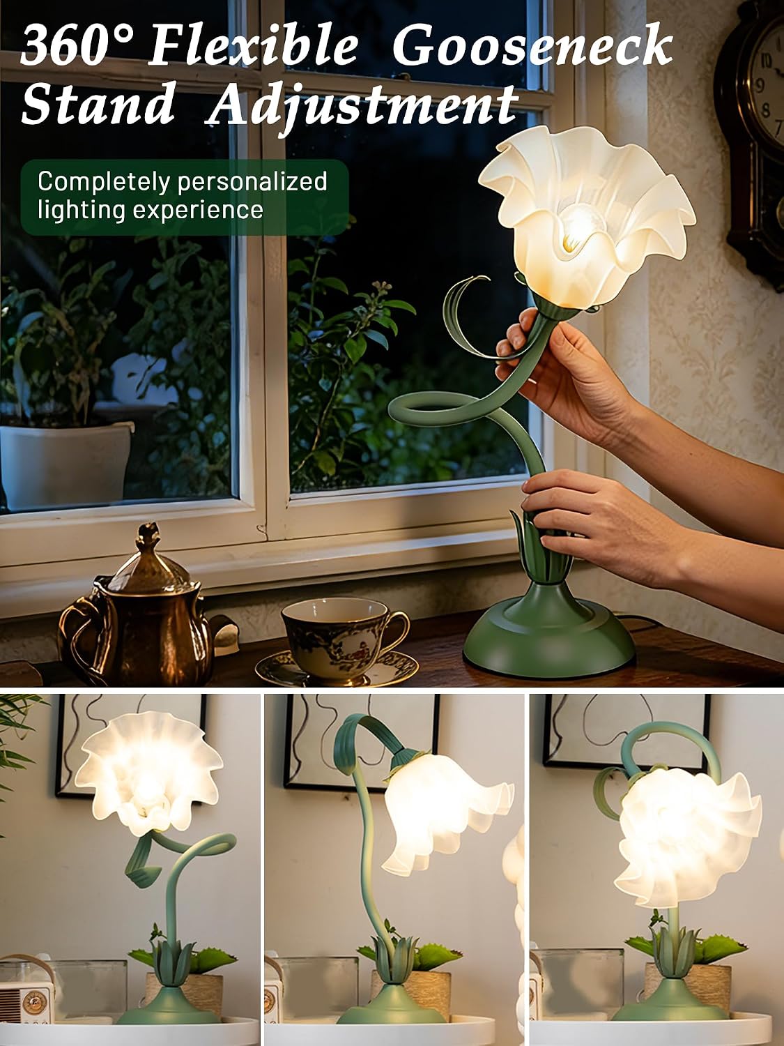Bedside Table Lamp for Bedroom, Vintage Flower Table Lamps, LED Reading Light 3 Color Modes Bedside Lamps, Nightstand Lamp Kawaii Desk Lamps for Bedroom Living Room Home Decoration(Green lamp)