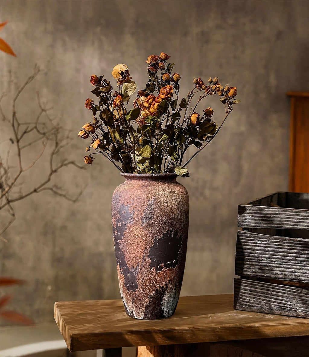 12-Inch Rustic Brown Textured Ceramic Vase for Eucalyptus and Pampas Grass