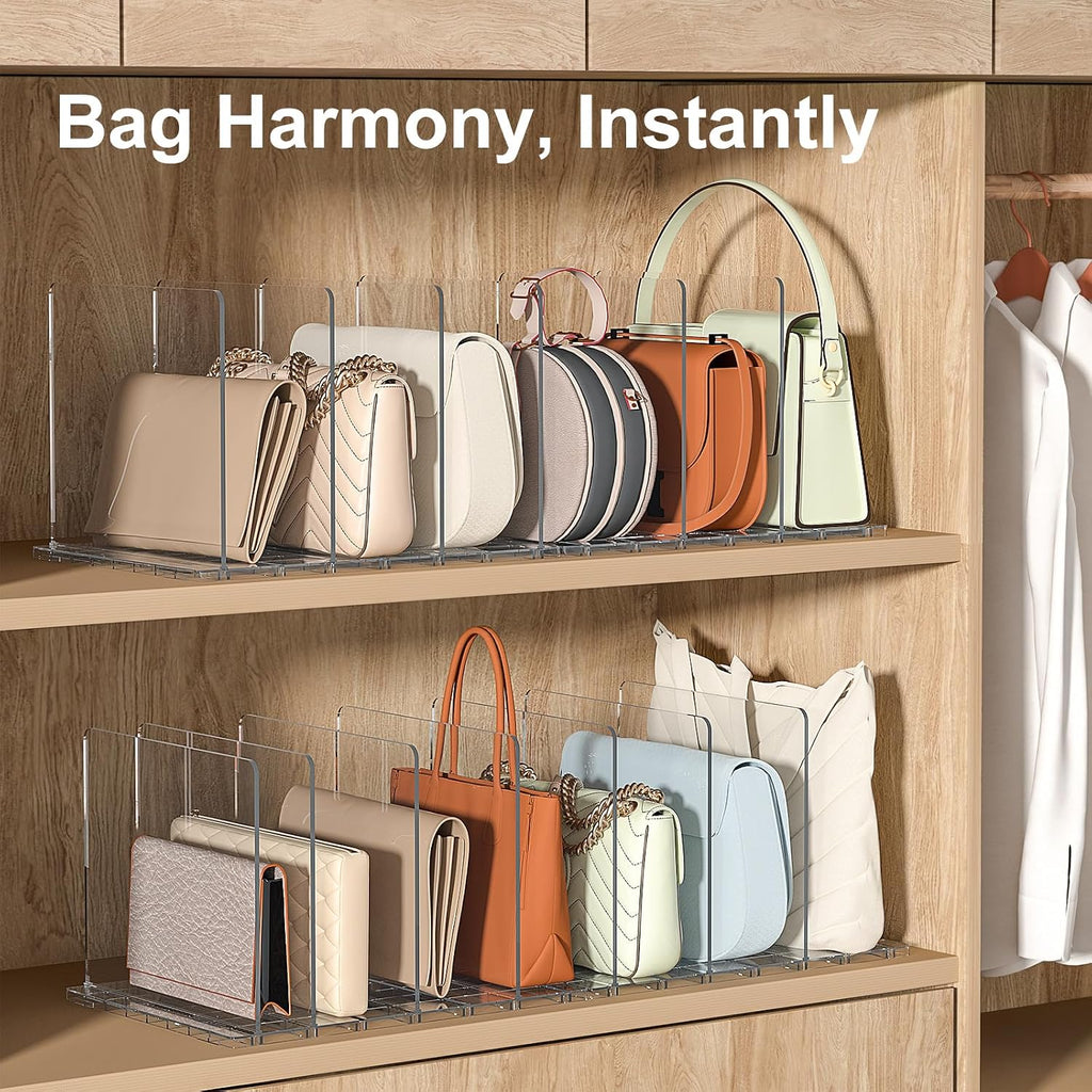 SortNStore Bag & Purse Organizer for Closet: Adjustable Clear Handbag Storage Shelf - Plastic Clutch Dividers for Closet Organizers and Storage - Keep Carteras & Pocketbook Upright (Pack of 3)