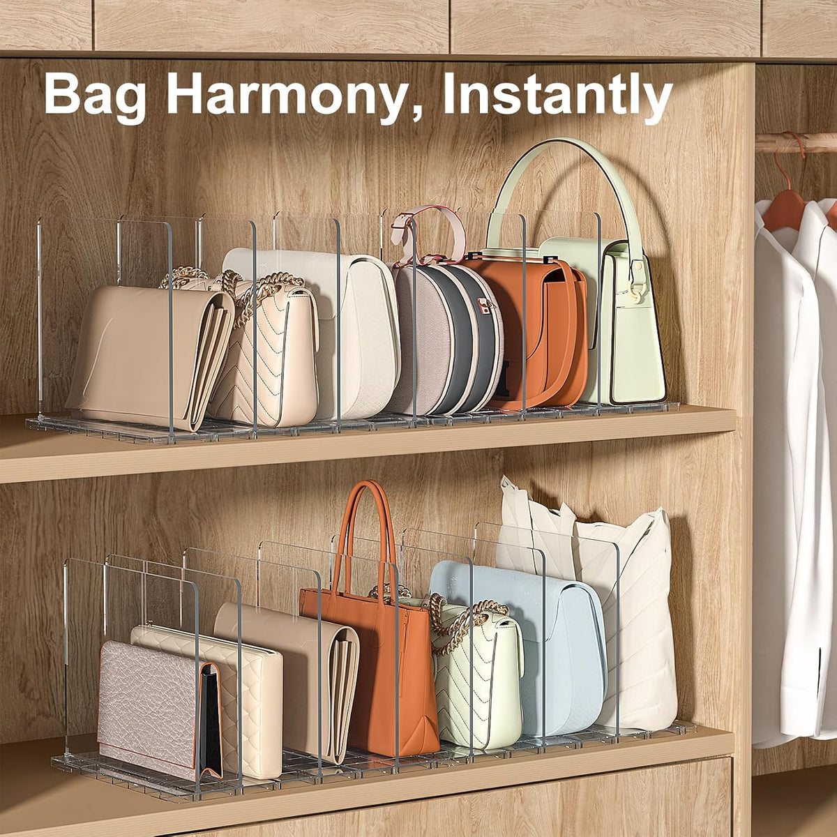 SortNStore Bag & Purse Organizer for Closet: Adjustable Clear Handbag Storage Shelf - Plastic Clutch Dividers for Closet Organizers and Storage - Keep Carteras & Pocketbook Upright (Pack of 3)