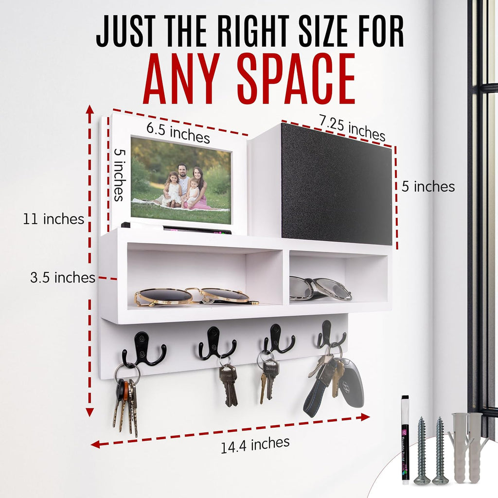 Spacelog Key and Mail Holder for Wall with Chalkboard – Magnetic Picture Frame Key Holder Wall Mount, White, Dual Storage & Cupboards