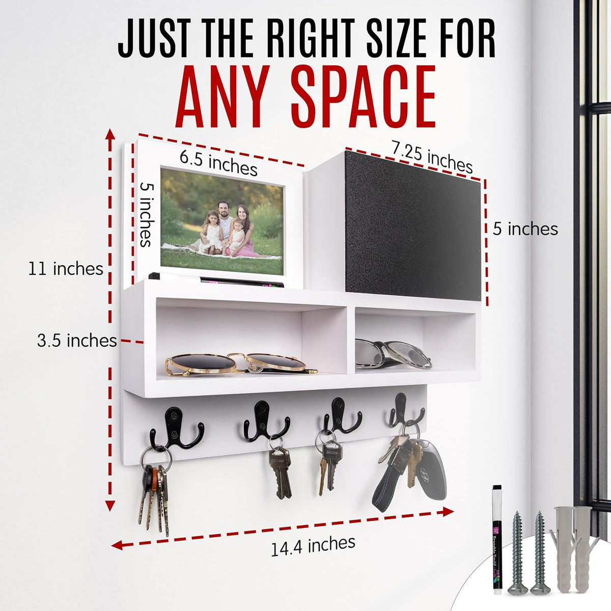 Spacelog Key and Mail Holder for Wall with Chalkboard – Magnetic Picture Frame Key Holder Wall Mount, White, Dual Storage & Cupboards
