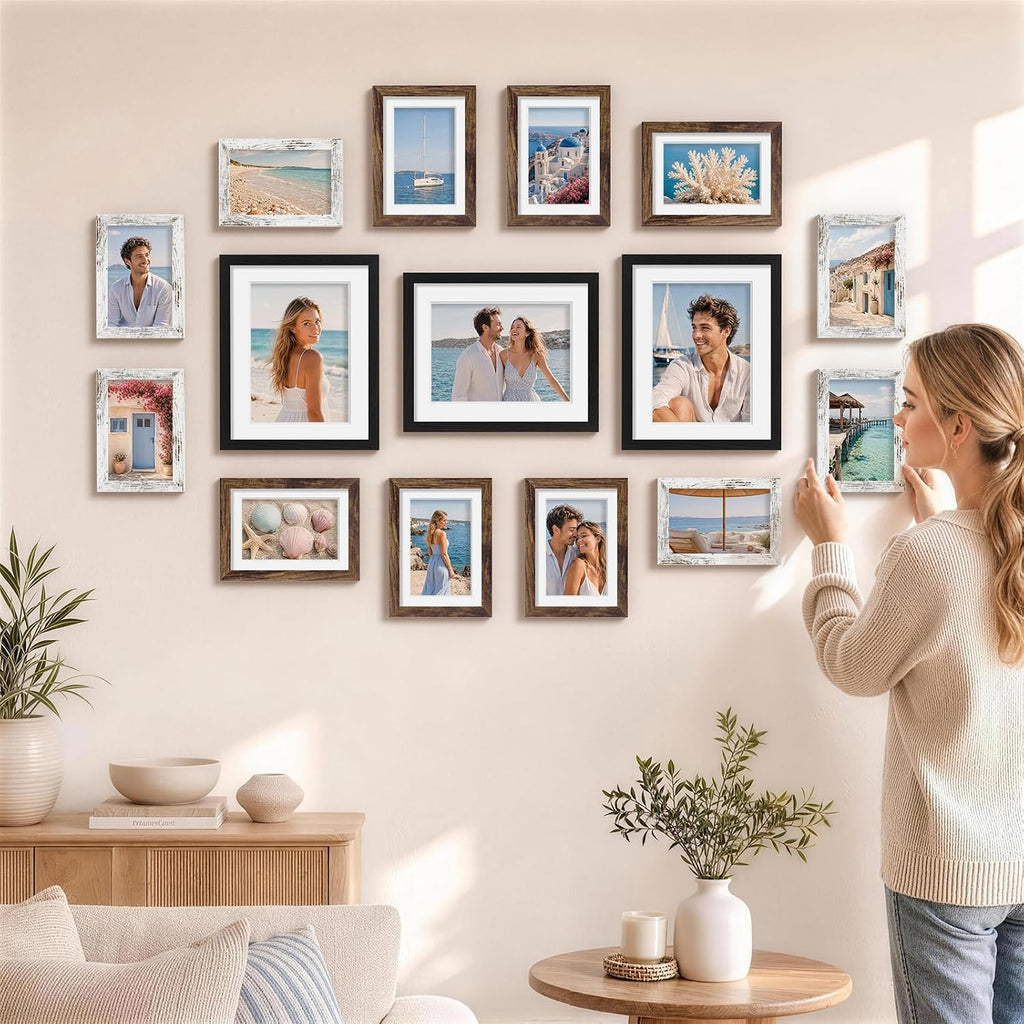 Pallene 15 Pack Gallery Wall Frame Set, Black, Brown, Distressed White