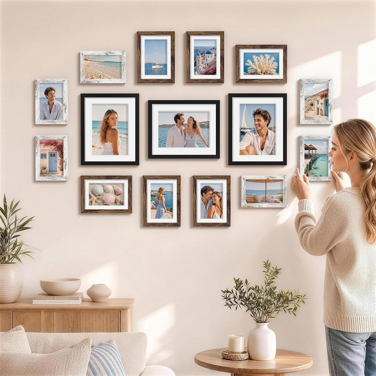 Pallene 15 Pack Gallery Wall Frame Set, Black, Brown, Distressed White