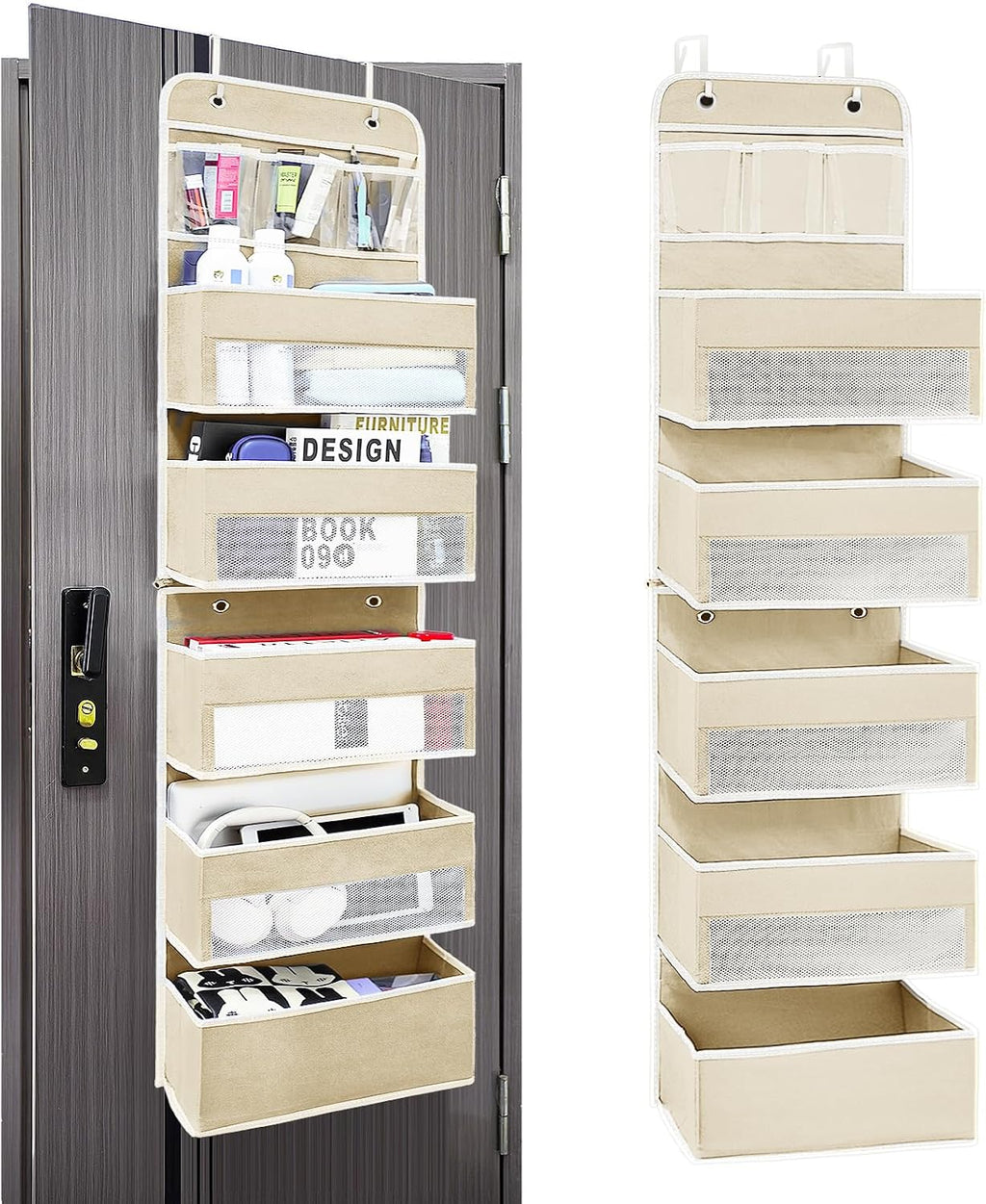 Over the Door Organizer 6 Shelves & 8 Pockets, Zippered Divider, Ivory