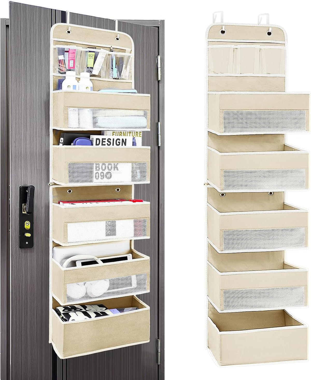 Over the Door Organizer 6 Shelves & 8 Pockets, Zippered Divider, Ivory