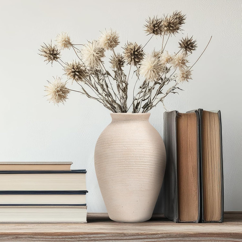 Ceramic Flower Vase, 9 Inch Tall Farmhouse Table Decor, Vintage White Vases for House, Kitchen, Living Room, Bedroom,Fireplace, Book Shelf