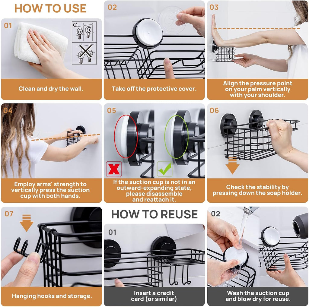 LEVERLOC Shower Caddy Suction Cup, 3 Pack Black Shower Shelf With Hook