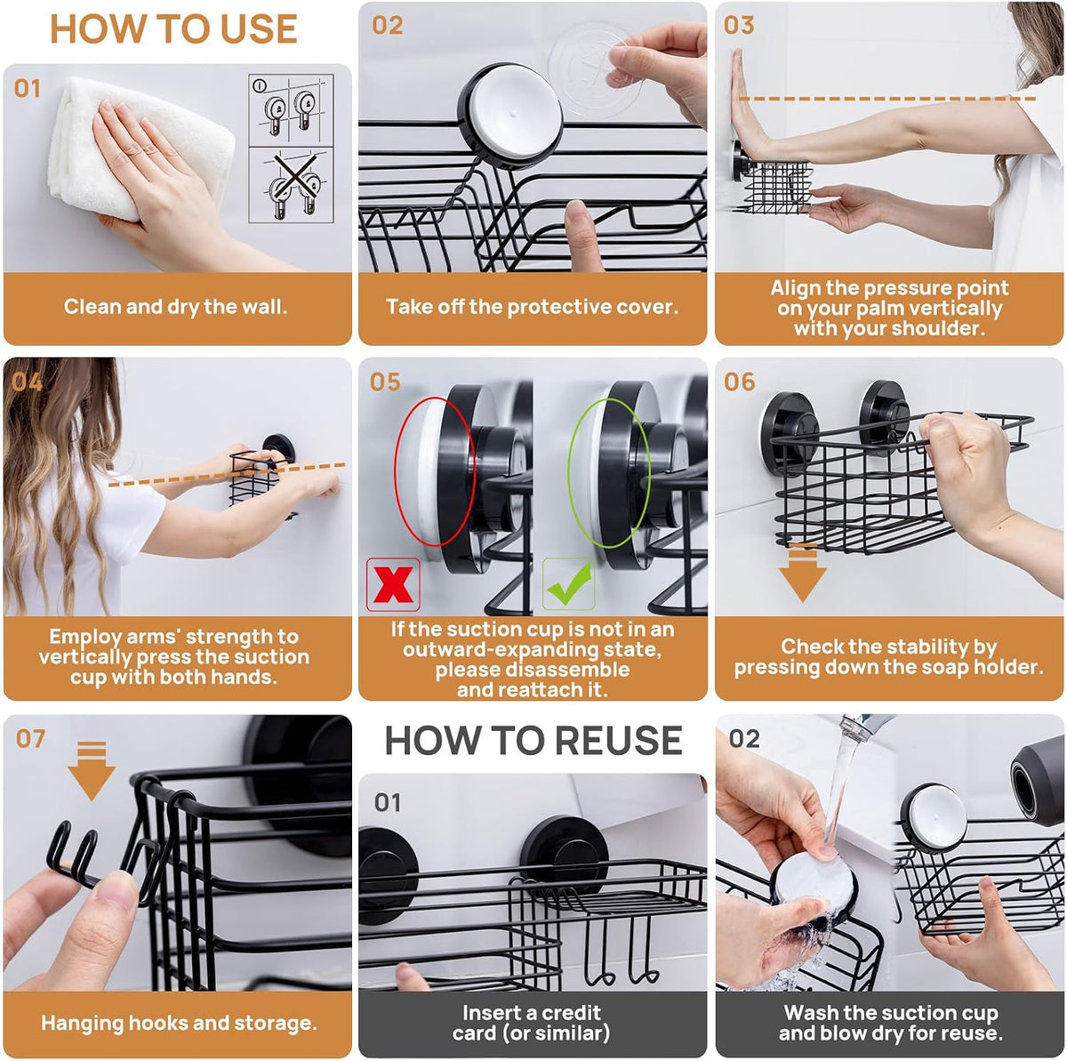 LEVERLOC Shower Caddy Suction Cup, 3 Pack Black Shower Shelf With Hook