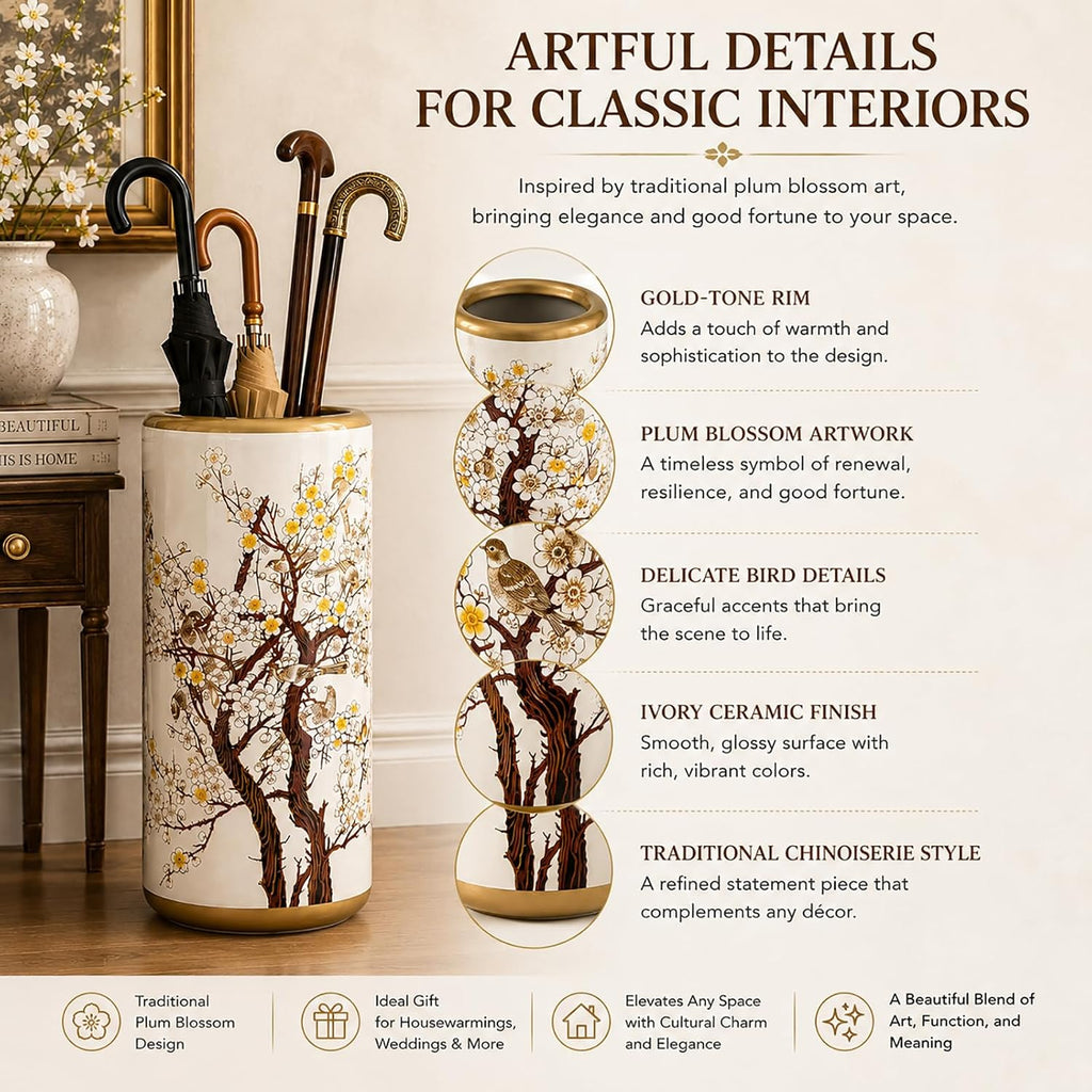 Ceramic Umbrella Stand for Entryway, Decorative Indoor Umbrella Holder with Gold Rim, Floor Vase Cane & Walking Stick Holder for Foyer Hallway Home Decor(Plum Blossom)