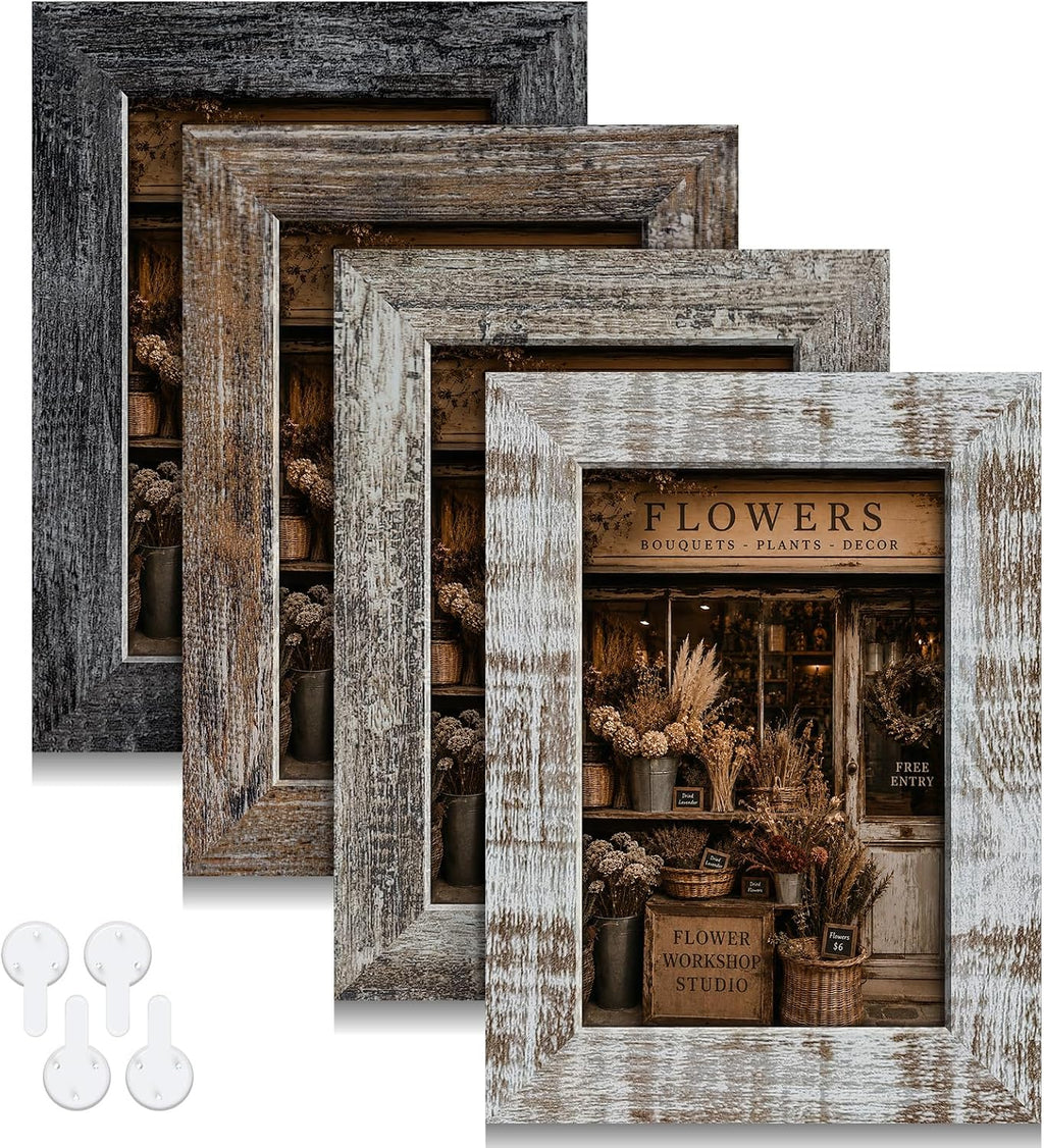 4x6 Picture Frames Set of 4, Vintage Rustic Style, HD Real Glass