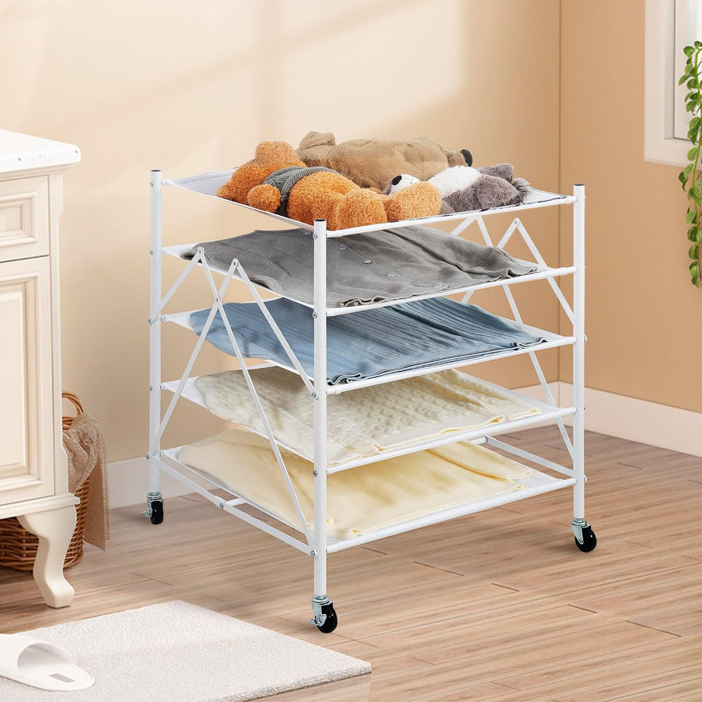 STORAGE MANIAC Sweater Drying Rack, Mesh Clothes Drying Rack, Stackable Laundry Drying Rack, Lay Flat Dryer for Delicates, Portable Dry Rack for Indoor or Outdoor, White, 5 Tier Foldable