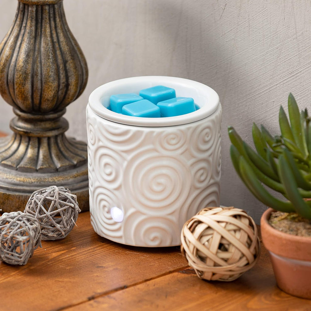 White Swirl Ceramic Candle Warmer Electric with Safety Timer | Automatic Plug in Fragrance Warmer for Scented Wax Melts, Cubes, Tarts | Air Freshener Set for Home Décor, Office, and Gifts