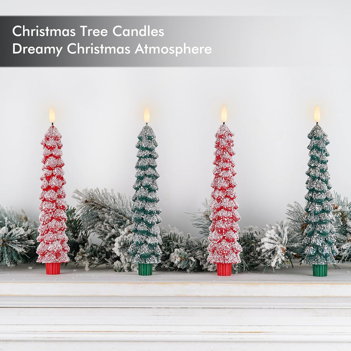 Fanna Red Christmas Tree Candles with Remote Realistic Snow Covered, Flameless LED Taper Candles in Real Wax with Timer for Winter and Christmas - H 9.8" - Set of 2