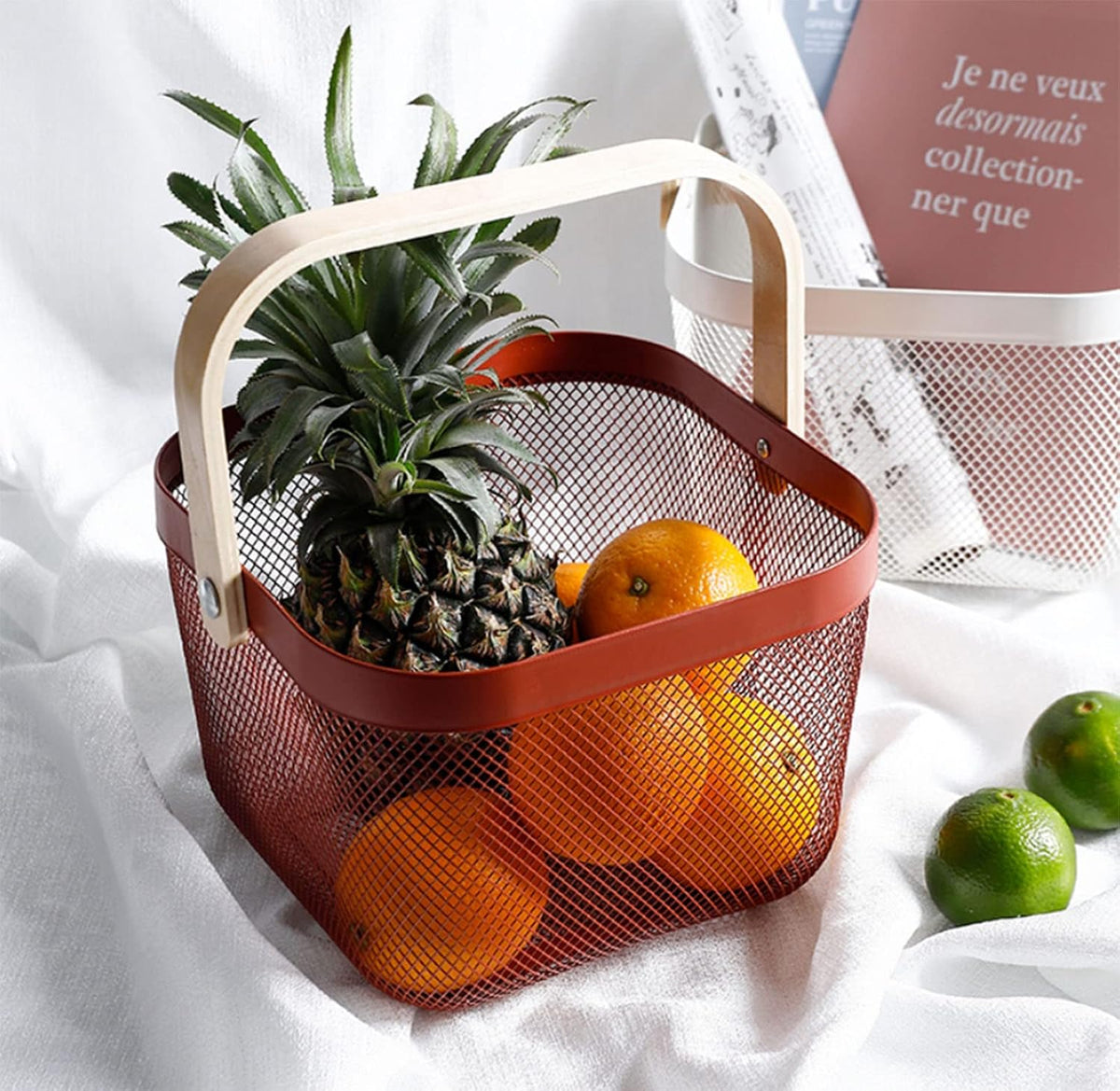 AJIODA Metal Mesh Steel Basket, Storage Organizer Basket Multi-functional Hanging Kitchen Baskets Fruit Basket Bin with Bamboo Handle for Kitchen Bathroom Picnic Shopping Decor Cabinet Home, Red