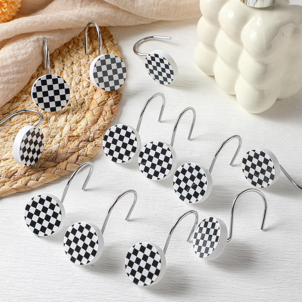 Yalikop Rustic Checkered Shower Curtain Hooks Set of 12 Retro Black and White Round Shower Curtain Rings Modern Decorative Hanger Rings with Metal Hooks for Bathroom Rod and Liner