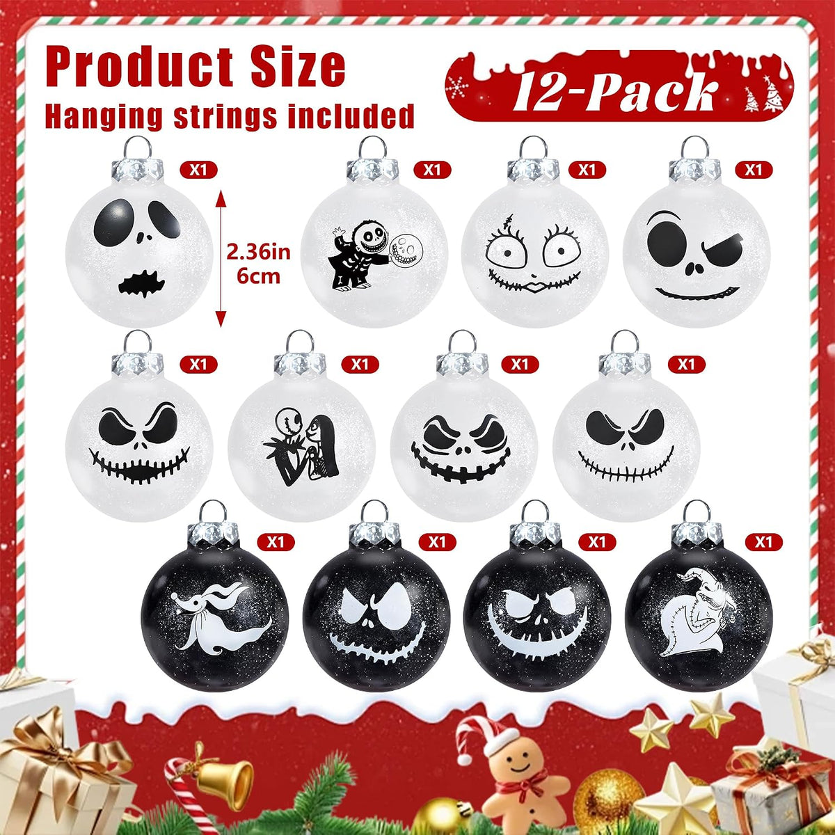 Nightmare Christmas Ball Ornaments Set, Skull Pattern Jack White and Black Xmas Tree Decorations, Plastic Shatterproof Hanging Balls Halloween Decor, 2.36”/60mm (12, White and Black)