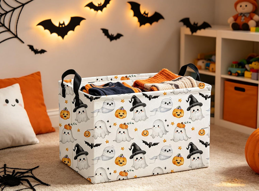 Rectangular Halloween Baskets Ghost Basket Cute Storage Bins Organizer Box Girls Room Decor for Home.(Cute Ghost)