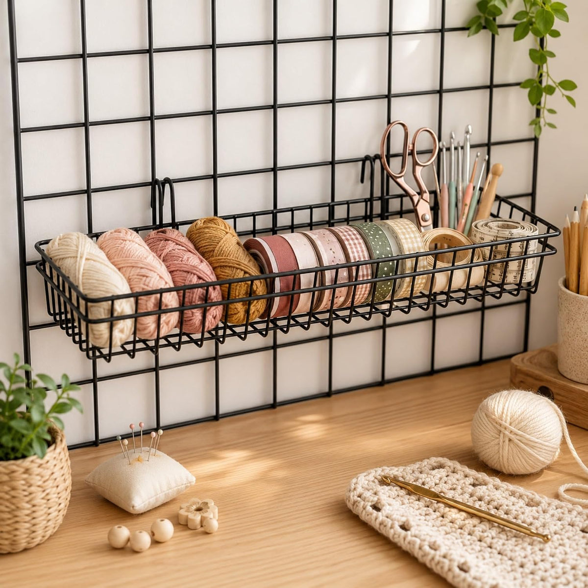 ANZOME Grid Wall Baskets, 2 Pack Black Hanging Wire Basket Shelves for Kitchen Pantry Wall Storage, Metal Mesh Organizer with Hooks for Fruits, Spices, Plants and Small Supplies