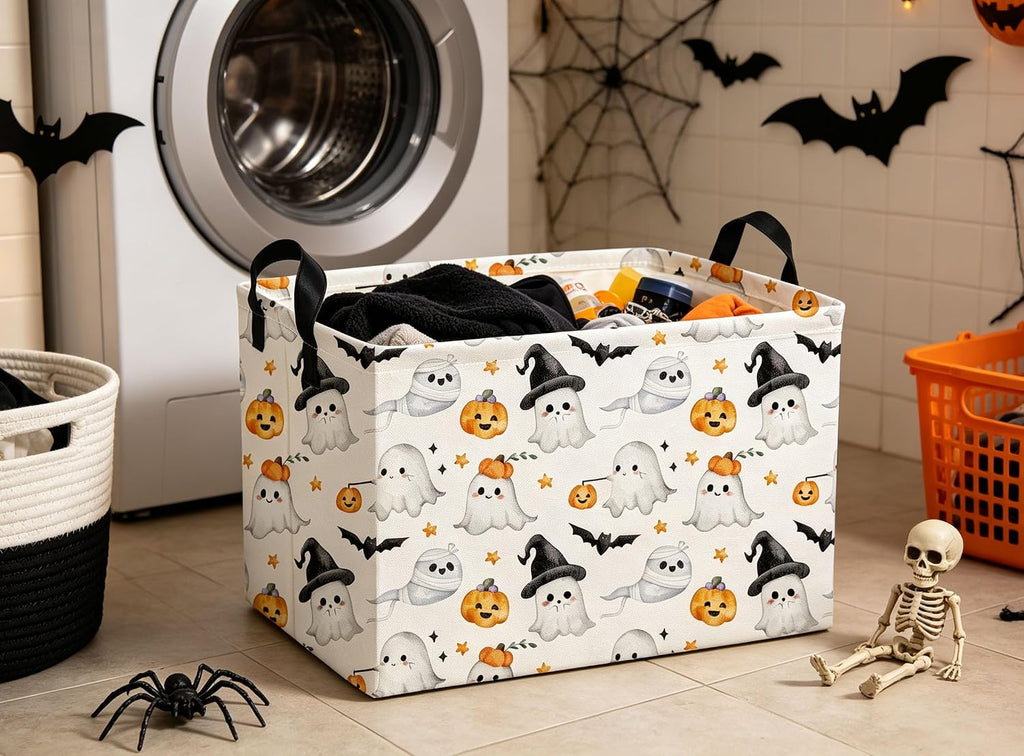 Rectangular Halloween Baskets Ghost Basket Cute Storage Bins Organizer Box Girls Room Decor for Home.(Cute Ghost)