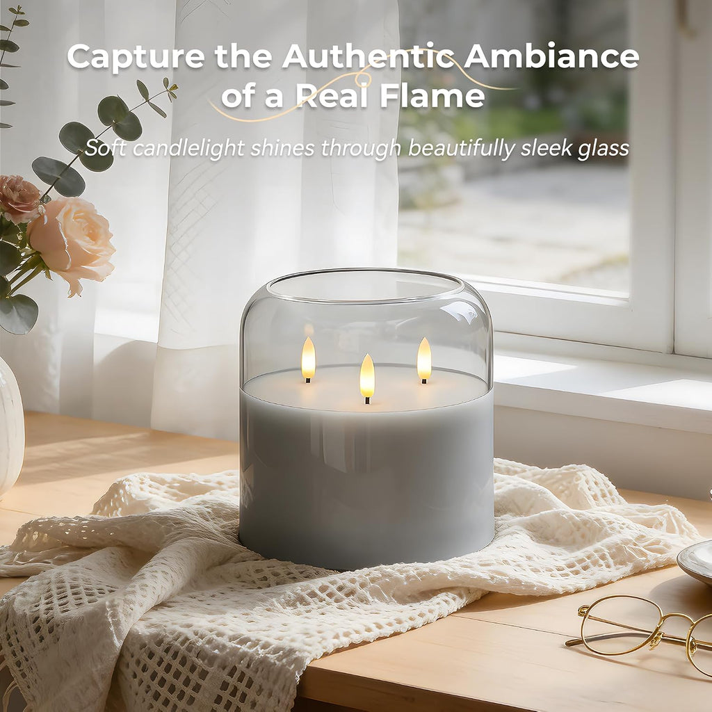 3 Wick Flameless Candle with Remote, Gray Glass, Wax, Battery Operated LED