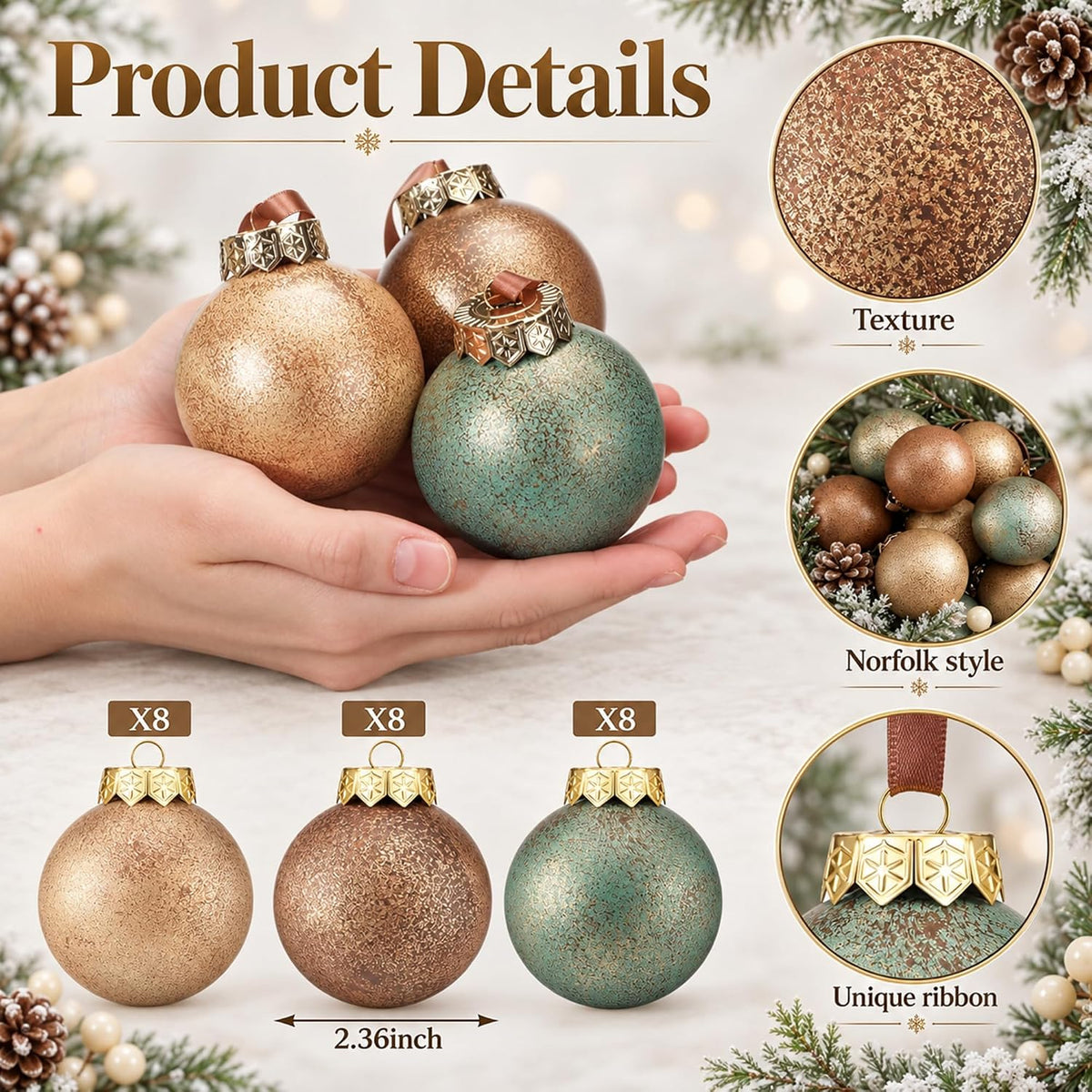 Yunlly 24 Pcs Textured Christmas Ornament 2.36'' Tree Decor,Green