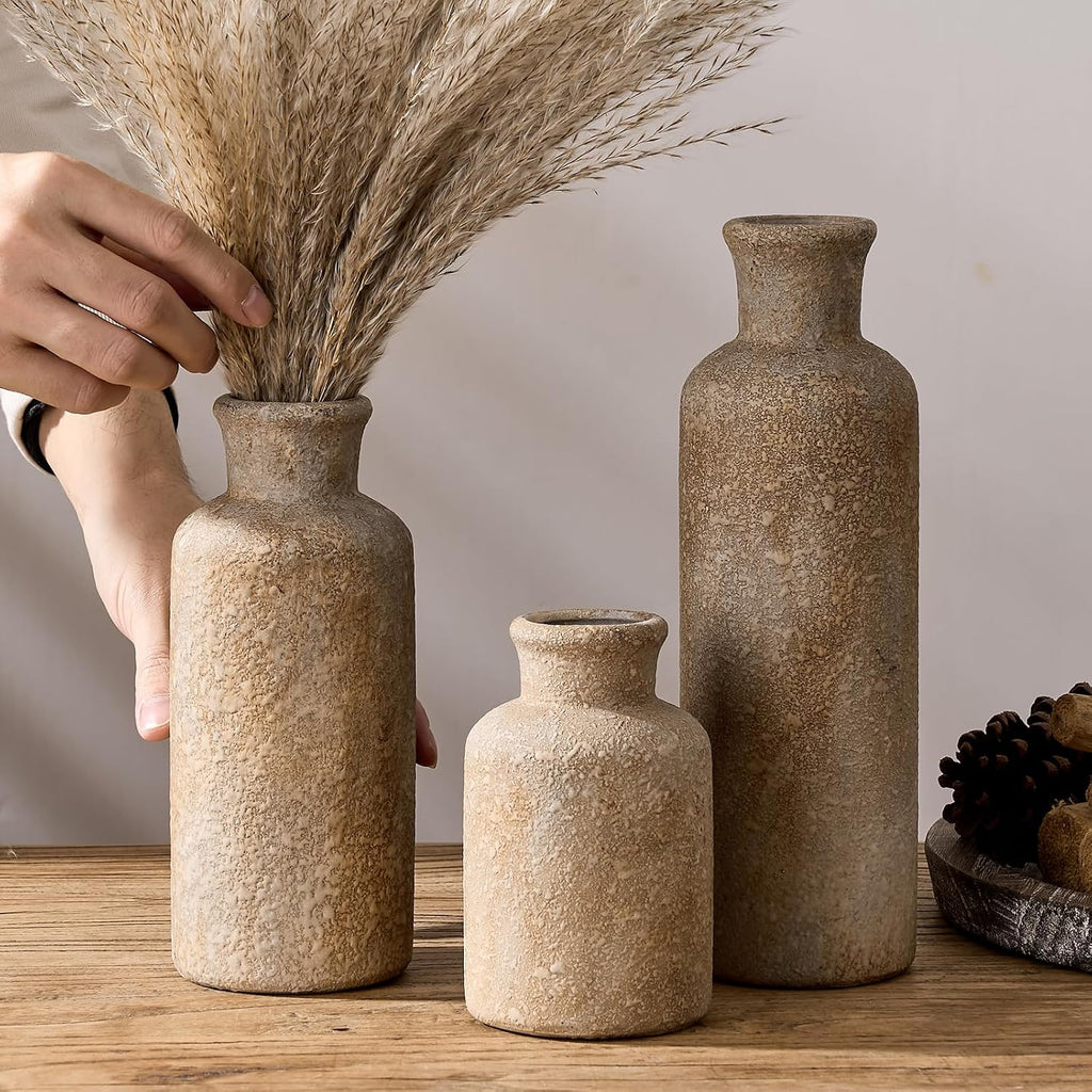 Ceramic Rustic Farmhouse Vase Set of 3,Terracotta Vases for Home Decor