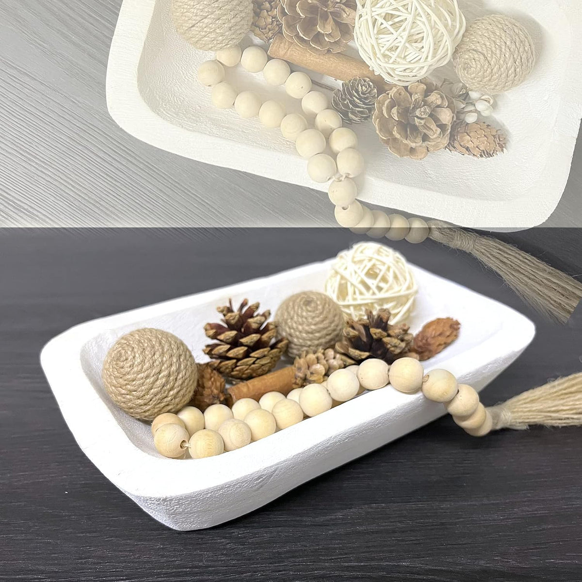 Wooden Dough Bowl Decor, Vintage Wooden Bowl Hand Carved Home Decor for Dining Table Center, Living Room, Kitchen Decor. (10in white)