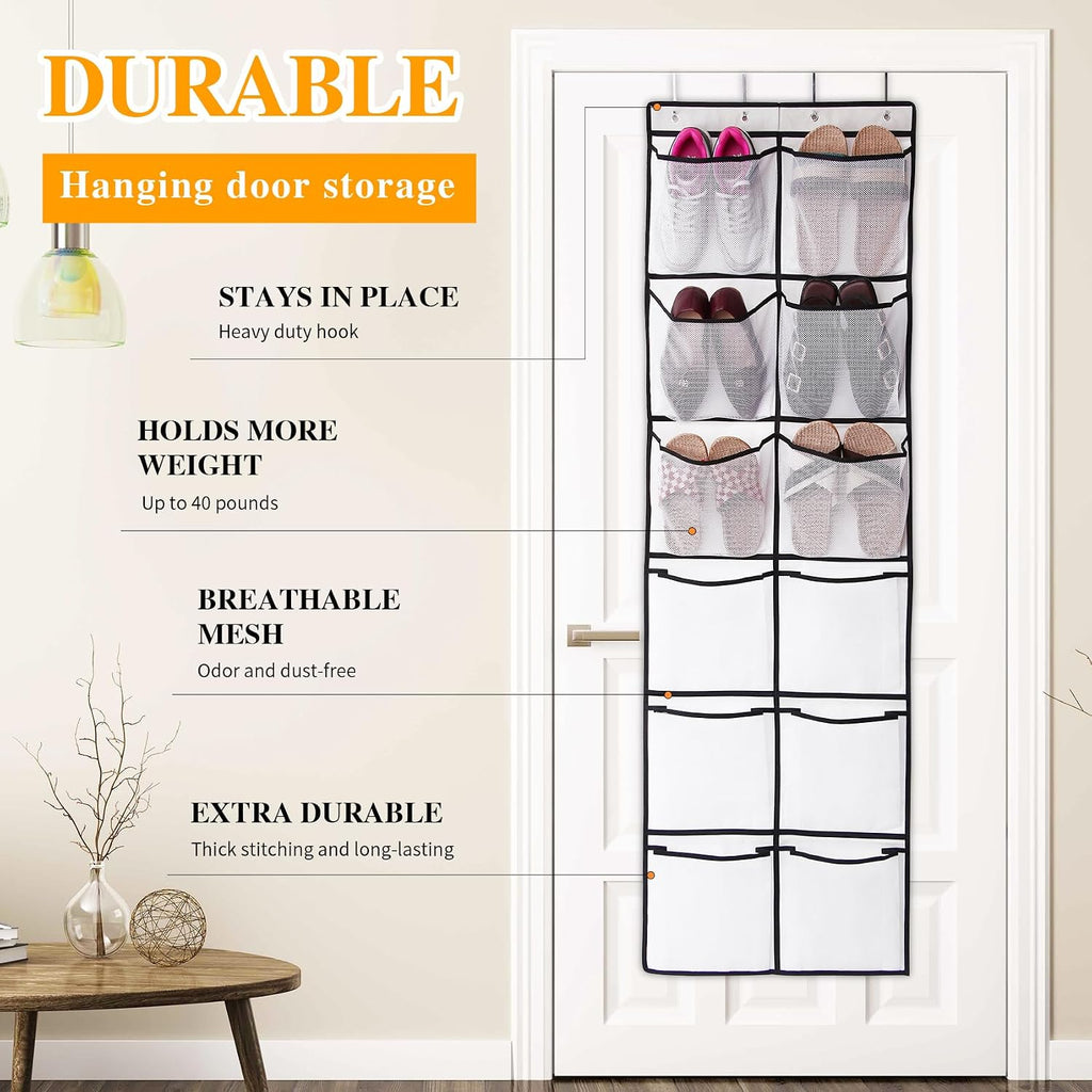 GOMAJI 12 Large Breathable Mesh Pockets, Over The Door Shoe Organizer, Boots Hanging Storage Shoe Rack for Closet, Accessories - - White