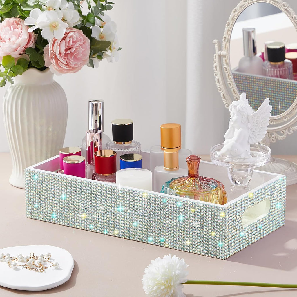 Honeydak Bathroom Basket, Rhinestone Toilet Tank Tray White Rhinestone