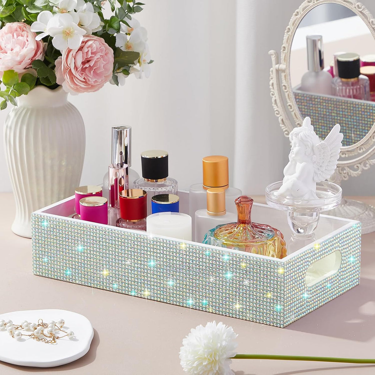 Honeydak Bathroom Basket, Rhinestone Toilet Tank Tray White Rhinestone