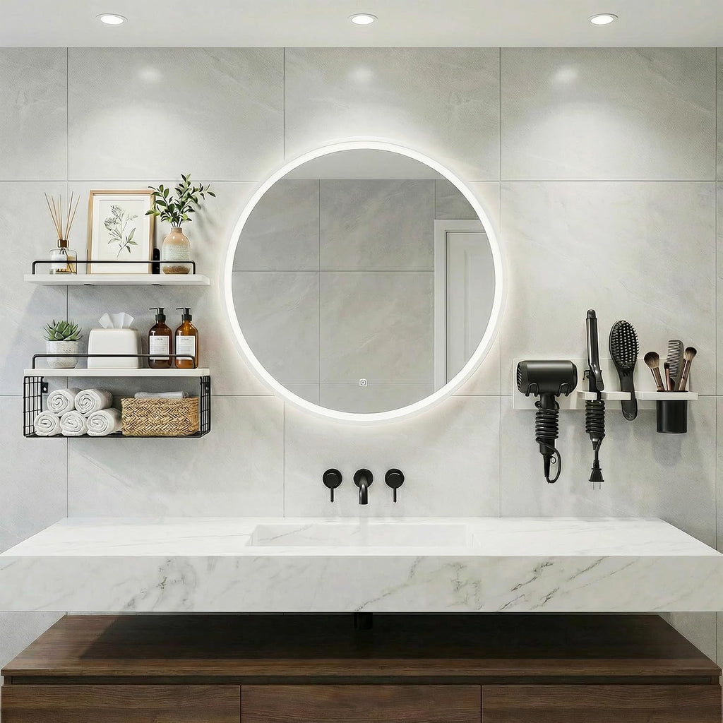 3-Tier Bathroom Floating Shelves with Hair Dryer Holder, White