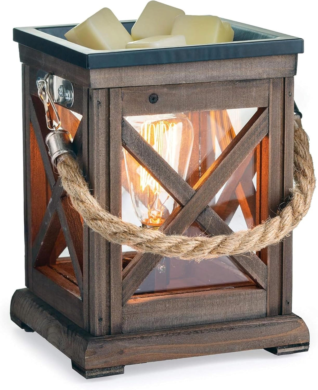 Candle Warmers ETC. Vintage Bulb Illumination Fragrance Warmer- Light-Up Warmer for Warming Scented Candle Wax Melts and Tarts to Freshen Room, Walnut & Rope